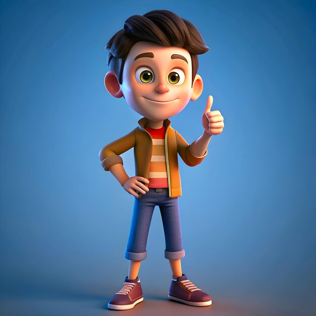Ilustración de dibujos animados en 3D de un niño adolescente mostrando los pulgares hacia arriba