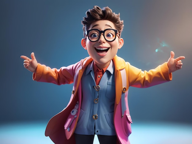 Ilustración de dibujos animados en 3D de un personaje con gafas y abrigo
