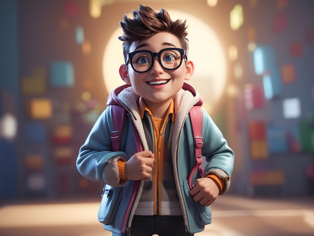 Ilustración de dibujos animados en 3D de un personaje con gafas y abrigo