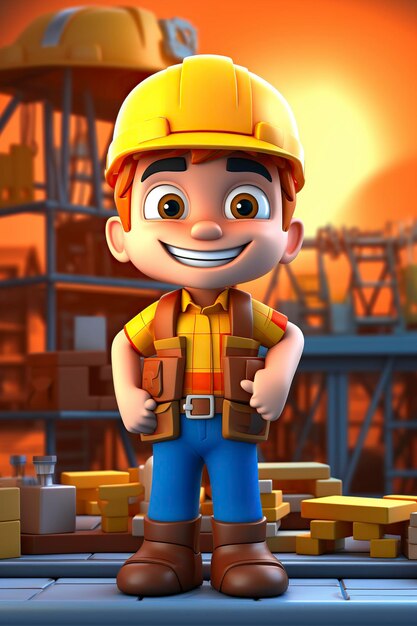 Ilustración de dibujos animados en 3D de un trabajador de la construcción con su casco y traje de protección