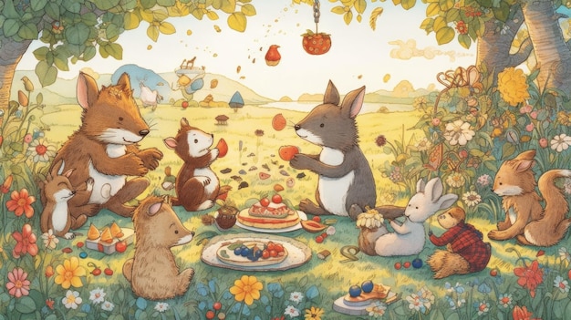 Una ilustración de dibujos animados de animales del bosque comiendo huevos de pascua.