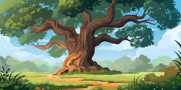 Ilustración de dibujos animados de un árbol en un bosque verde con un camino generativo ai