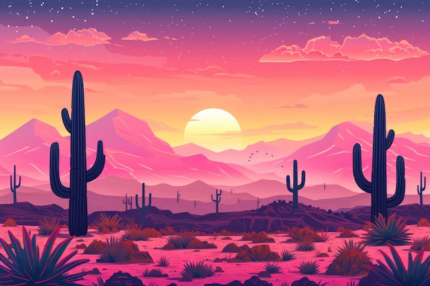 Ilustración de dibujos animados de un atardecer vibrante en un oasis del desierto