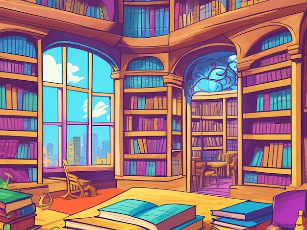 Foto ilustración de dibujos animados de biblioteca de libros