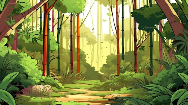 Una ilustración de dibujos animados de un bosque con un camino a través de él generativo ai