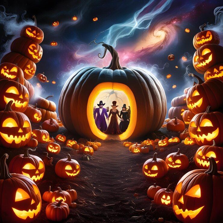 una ilustración de dibujos animados de una calabaza con una bruja