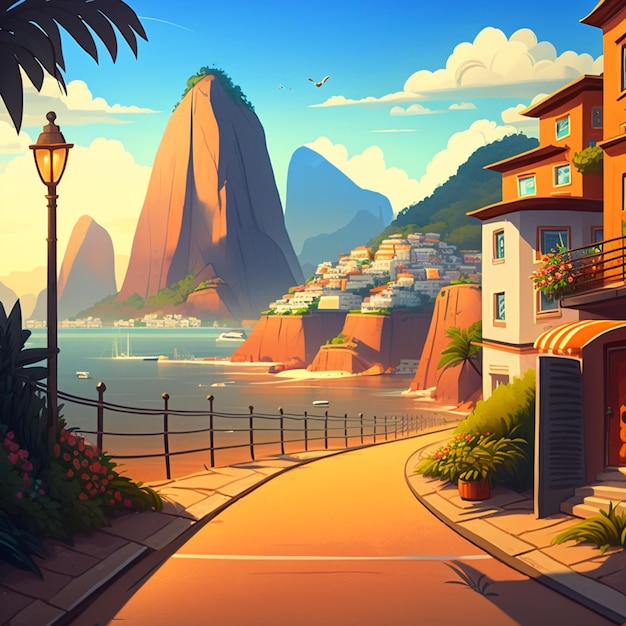 Ilustración de dibujos animados de una calle con una vista de una playa y una montaña generativa ai