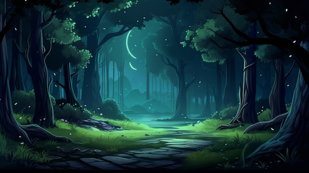 una ilustración de dibujos animados de un camino en un bosque oscuro con una luna brillante ai generativo