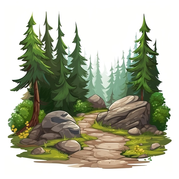 Ilustración de dibujos animados de un camino sinuoso en el bosque