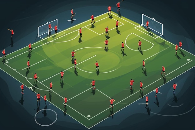 Foto una ilustración de dibujos animados de un campo de fútbol con un grupo de personas jugando al fútbol.