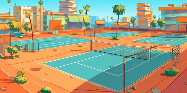 Una ilustración de dibujos animados de una cancha de tenis con palmeras y un edificio en el fondo.