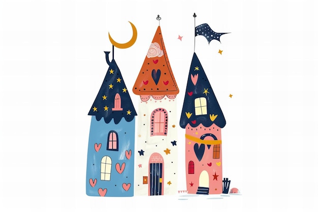 Ilustración de dibujos animados de una caprichosa casa de caricaturas con tres torres estilizadas cada una decorada en diferentes