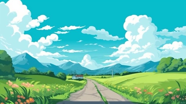 Una ilustración de dibujos animados de una carretera de campo con una granja y montañas en el fondo