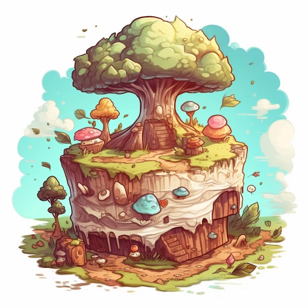 Ilustración de dibujos animados de una casa en el árbol en un acantilado con hongos y hongos ai generativo