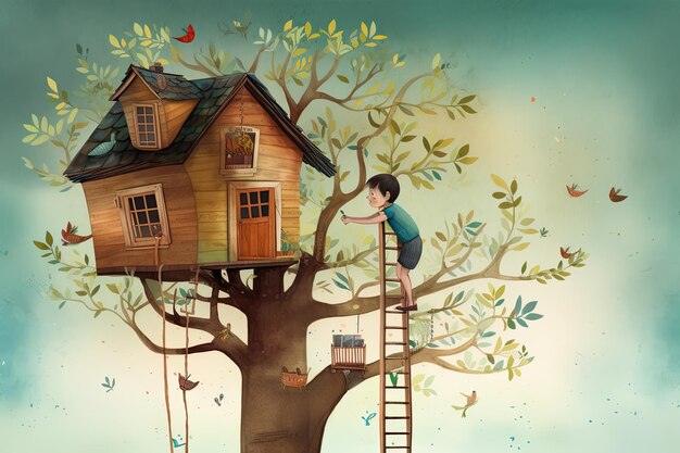 Foto ilustración de dibujos animados de una casa en el árbol con un niño en el verano ia generativa