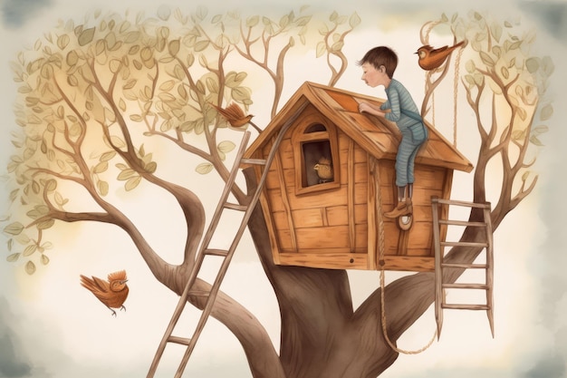 Ilustración de dibujos animados de una casa en el árbol con un niño en el verano IA generativa