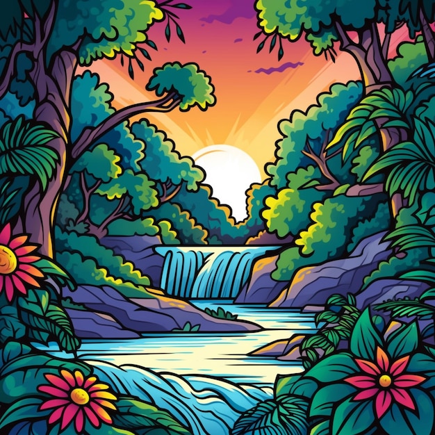 una ilustración de dibujos animados de una cascada en una selva tropical generativa ai