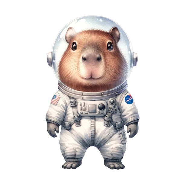 Una ilustración de dibujos animados chibi de estilo acuarela de un capibara con un traje espacial explorando el espacio