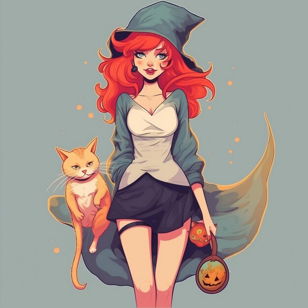 una ilustración de dibujos animados de una chica con un gato y una calabaza.