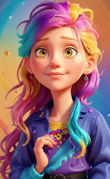 Una ilustración de dibujos animados de una chica con el pelo de arco iris y una camisa azul.