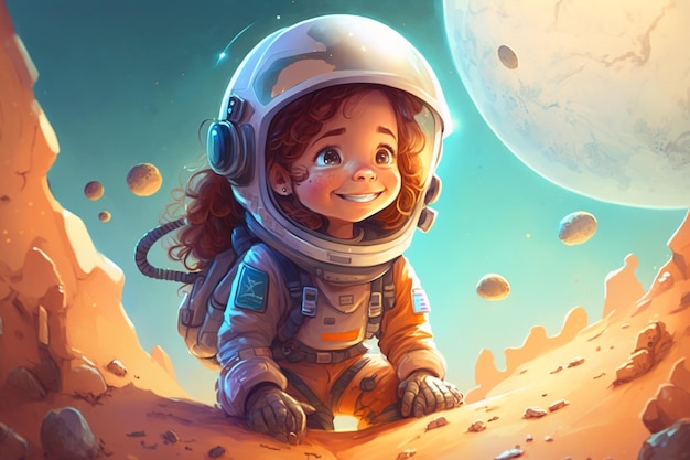 Ilustración de dibujos animados de una chica en un traje espacial sentada en una roca generativa ai