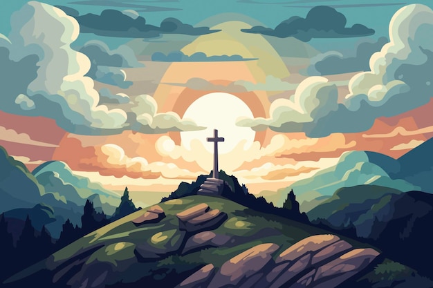 La ilustración de dibujos animados de un cielo sobre la colina de Gólgota está envuelta en una luz majestuosa y nubes que revelan el símbolo de la cruz sagrada