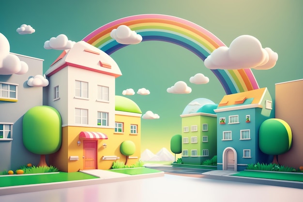 Una ilustración de dibujos animados de una ciudad con un arco iris y una casa a la izquierda