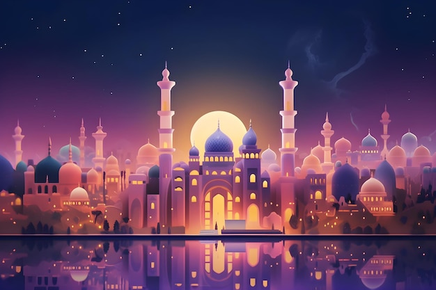 Una ilustración de dibujos animados de una ciudad con luna y estrellas.