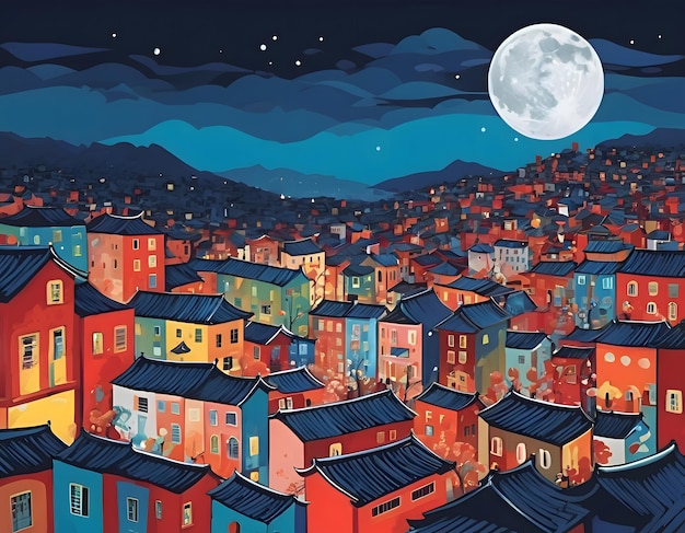 Foto una ilustración de dibujos animados de una ciudad con una luna llena en el cielo