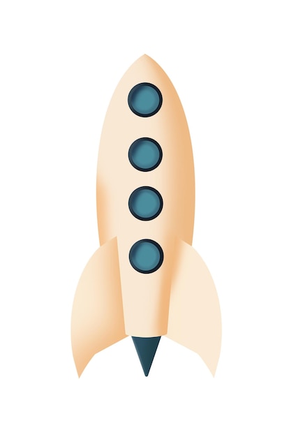 Ilustración de dibujos animados de un cohete espacial retro en colores claros Nave espacial brillante con alas y persianas verdes sobre fondo blanco Elemento Scifi Fácil de usar en cualquier proyecto espacial o ufo