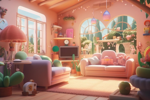 Ilustración de dibujos animados coloridos de Cozy Home Interior Generativo AI Ilustración
