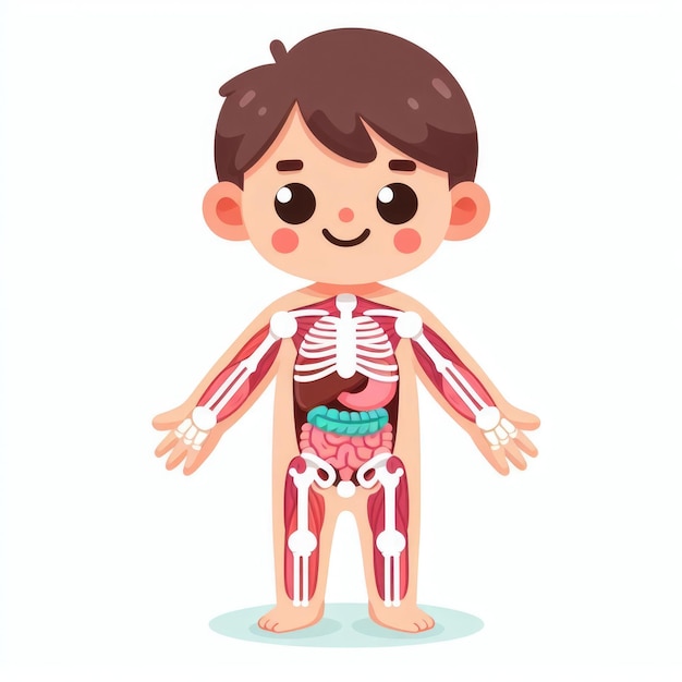 Foto ilustración de dibujos animados coloridos de un niño con órganos internos y estructura esquelética visibles