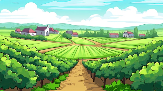 Ilustración de dibujos animados coloridos de un paisaje rural pacífico con campos verdes exuberantes filas ordenadas de