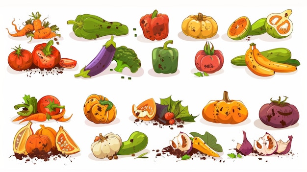 Ilustración de dibujos animados de comida podrida en fondo blanco Pilas de calabaza tomate pimienta zanahoria berenjena plátano pera naranja con manchas marrones