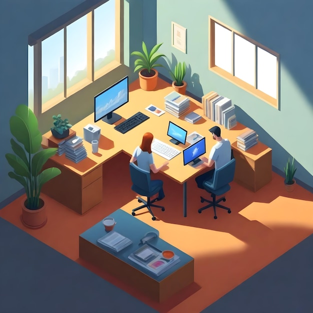 una ilustración de dibujos animados de una computadora con una planta en la mesa