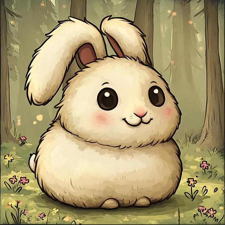 Foto ilustración de dibujos animados de un conejo blanco sentado en la hierba en un bosque