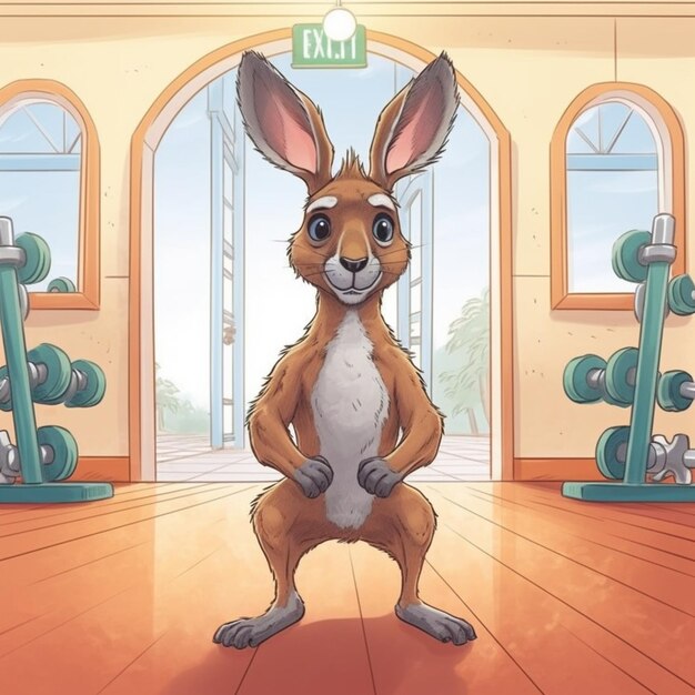 Foto ilustración de dibujos animados de un conejo de pie en un gimnasio con un dumbble generativo ai