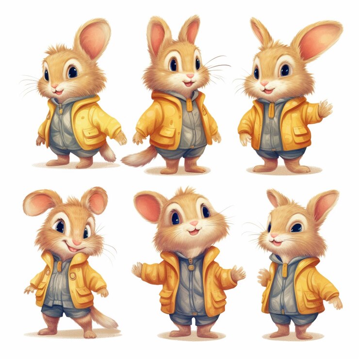 Foto ilustración de dibujos animados de un conjunto de cuatro conejitos lindos en diferentes poses