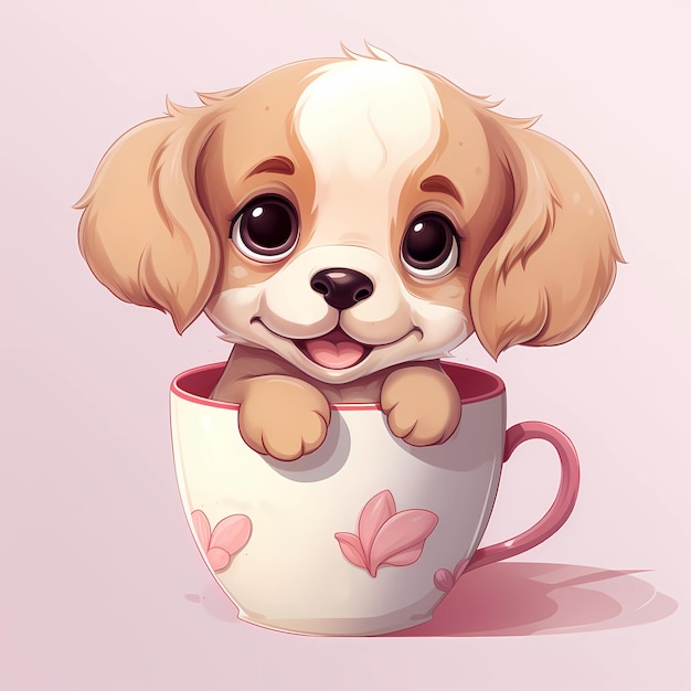 Ilustración de dibujos animados dibujada a mano de un cachorro en una taza