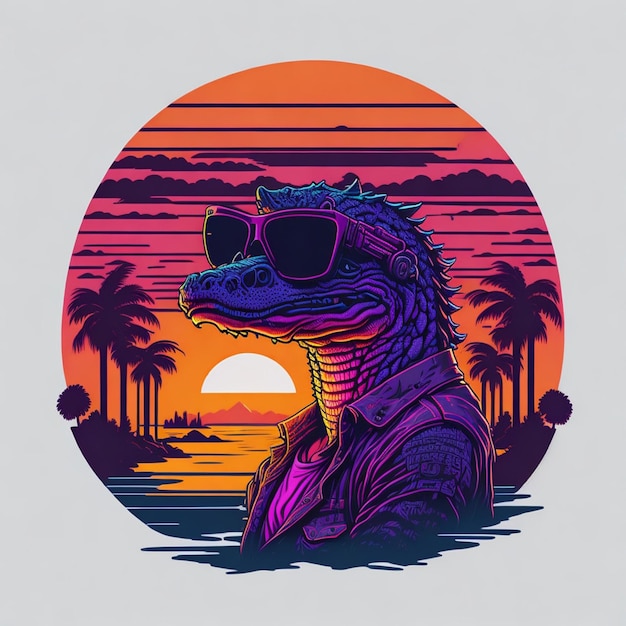 Foto una ilustración de dibujos animados de un dinosaurio con gafas de sol y una chaqueta con las palabras 'iguana' en él.