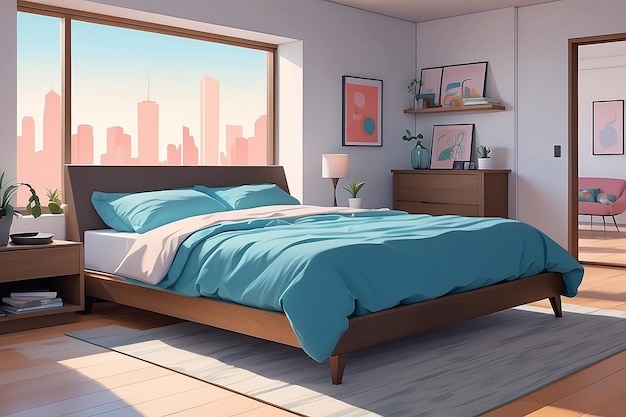 Ilustración de dibujos animados de un dormitorio con una cama generativa