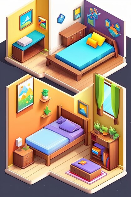 Foto una ilustración de dibujos animados de un dormitorio con una cama, una mesa y una cama con una colcha azul y amarilla.