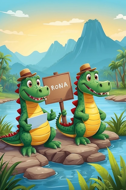 Ilustración de dibujos animados de dos cocodrilos sosteniendo un letrero en blanco junto al río