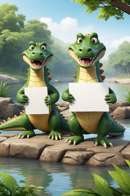Ilustración de dibujos animados de dos cocodrilos sosteniendo un letrero en blanco junto al río
