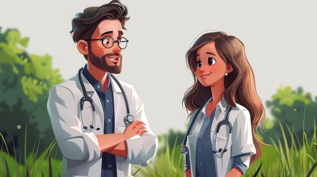 Ilustración de dibujos animados de dos médicos de pie en el campo Concepto médico