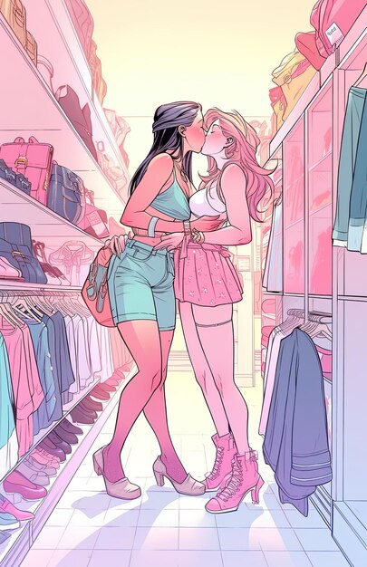 Foto una ilustración de dibujos animados de dos mujeres abrazándose en una tienda