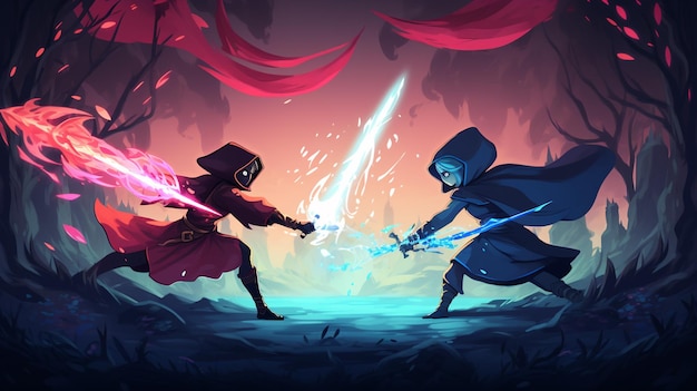 Ilustración de dibujos animados de dos personas en un bosque con espadas