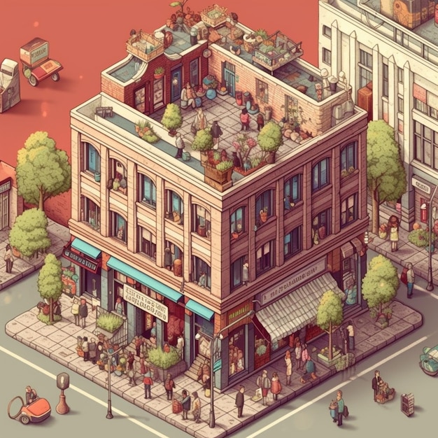 Una ilustración de dibujos animados de un edificio con un edificio en el fondo.