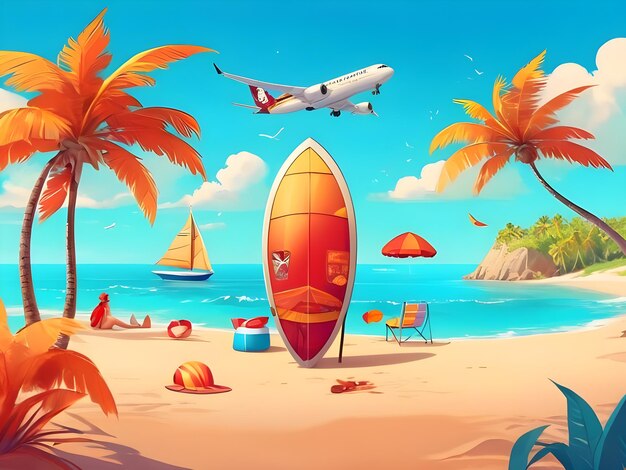 una ilustración de dibujos animados de una escena de playa con un avión y palmeras