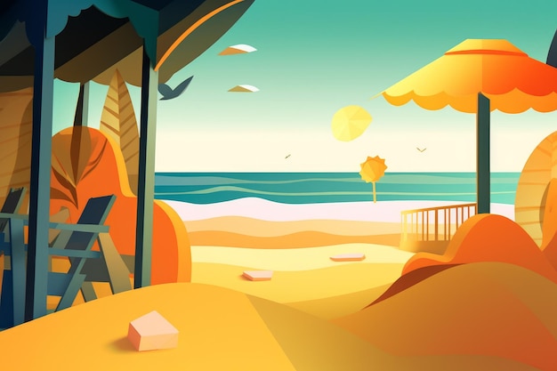 Una ilustración de dibujos animados de una escena de playa con una cabaña de playa y una sombrilla de playa.
